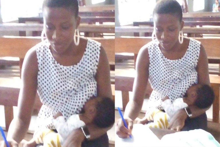 Nursing Mum Pictured Breastfeeding Her Son While Writing Exam