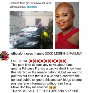 Ex BBNaija Housemate Refutes Report That Fans Bought Her A Car