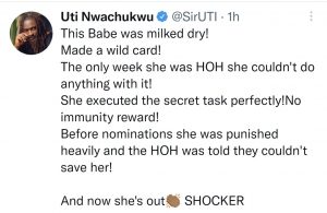 Former Big Brother Africa star and Media personality, Uti Nwachukwu, has criticised the organizers over the shocking eviction of Maria from the BBNaija house.