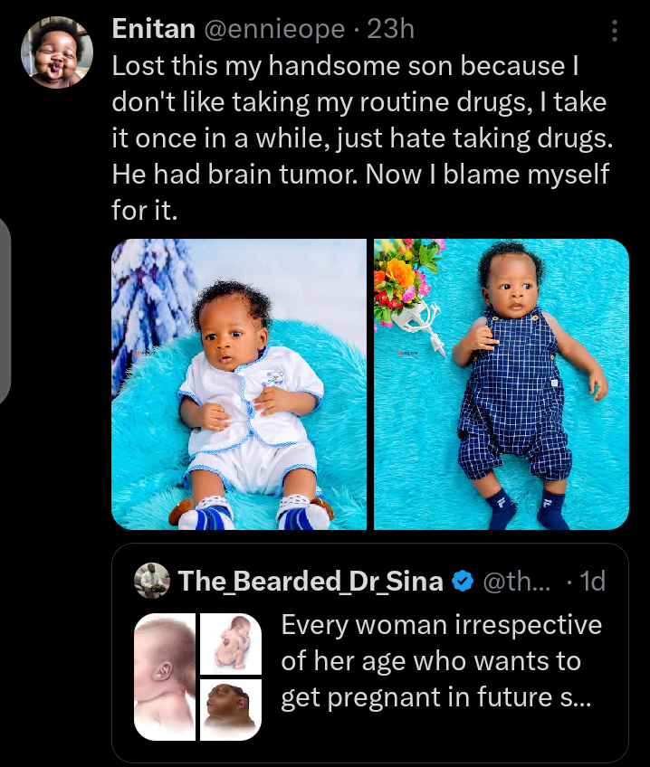 Enitan says she lost her baby to Tumour because she didn't take pregnancy routine drugs