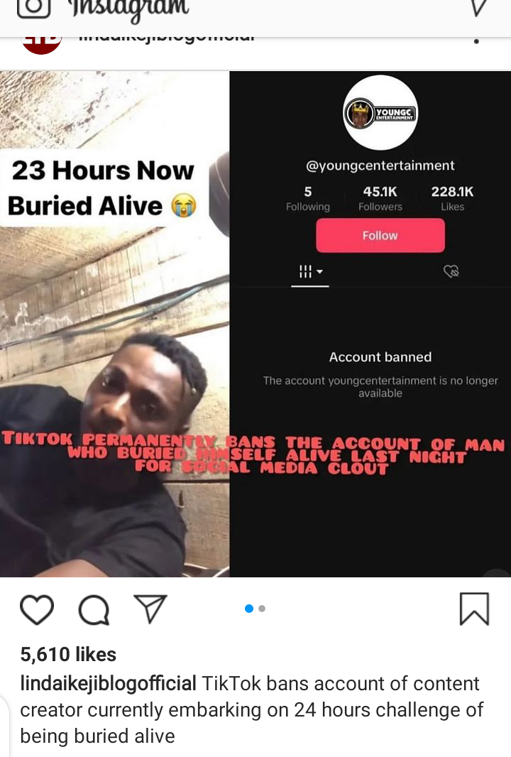 TikTok banned account of Young C over 24 Hours buried alive challenge