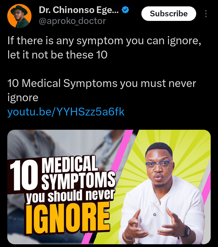 Doctor Chinonso discusses 10 medical symptoms not to ignore